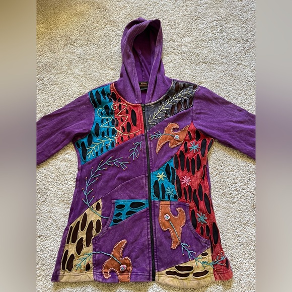 Rising International Women’s Purple Hoodie Size Medium Patchwork Boho Hippie - Picture 2 of 8